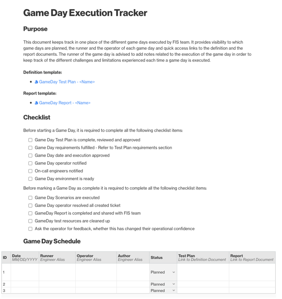 Example game day execution tracker that includes a purpose section, checklist items, and an empty schedule table.